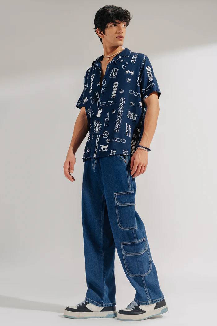 Blue Wash Baggy Fit Cargo Men Jeans - Image 3